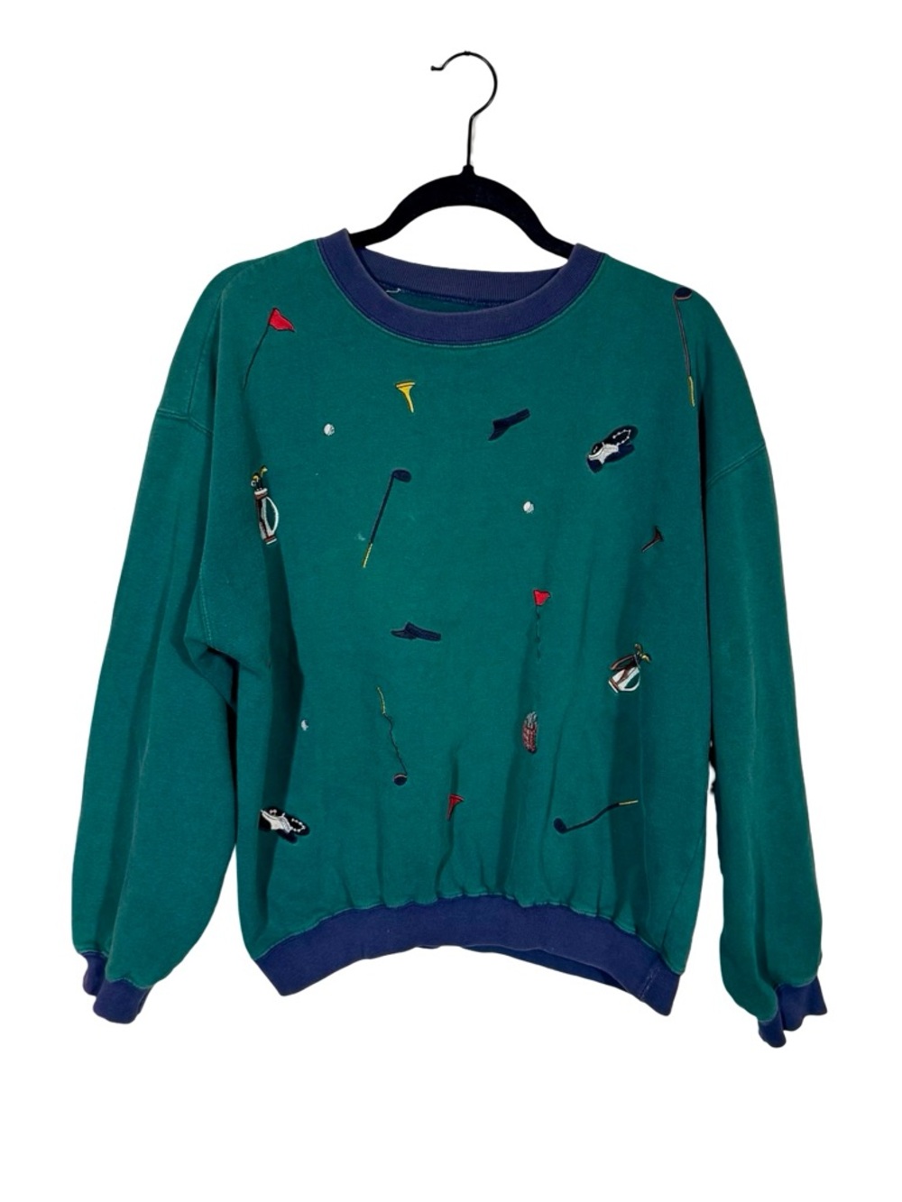 Vintage 80s All Over Embroidered Golf Oversized Sweatshirt Forest Green - Picture 3 of 6